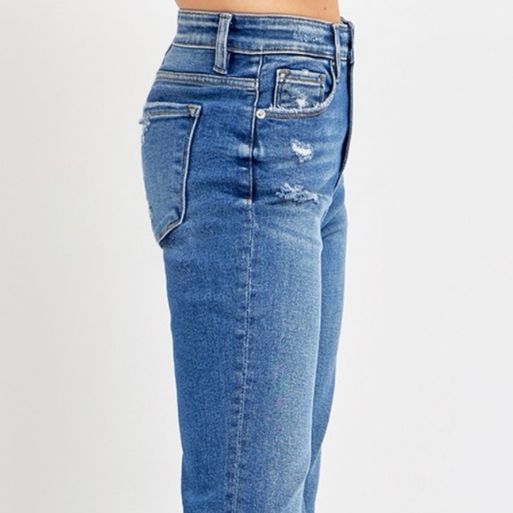 RISEN High-Rise Tummy Control Retro Jeans Distressed Bootcut Ankle Denim Pants - Picture 6 of 16